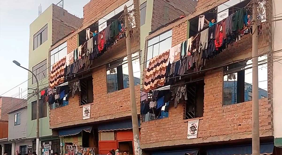 Familia peruana cuelga su ropa en los cables del alumbrado público