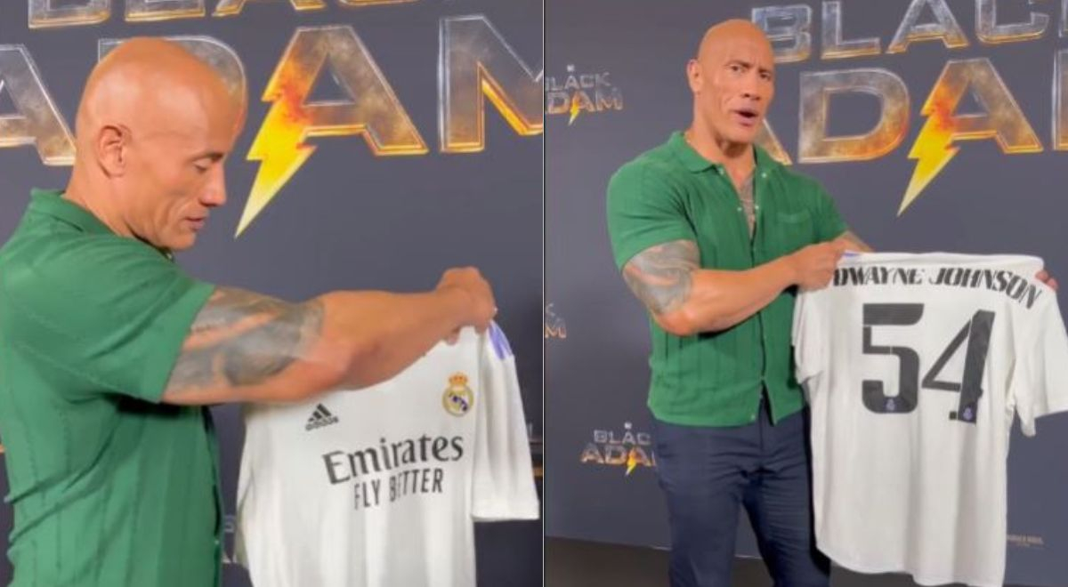 Dwayne Johnson shines in Real Madrid t-shirt at 'Black Adam' event.