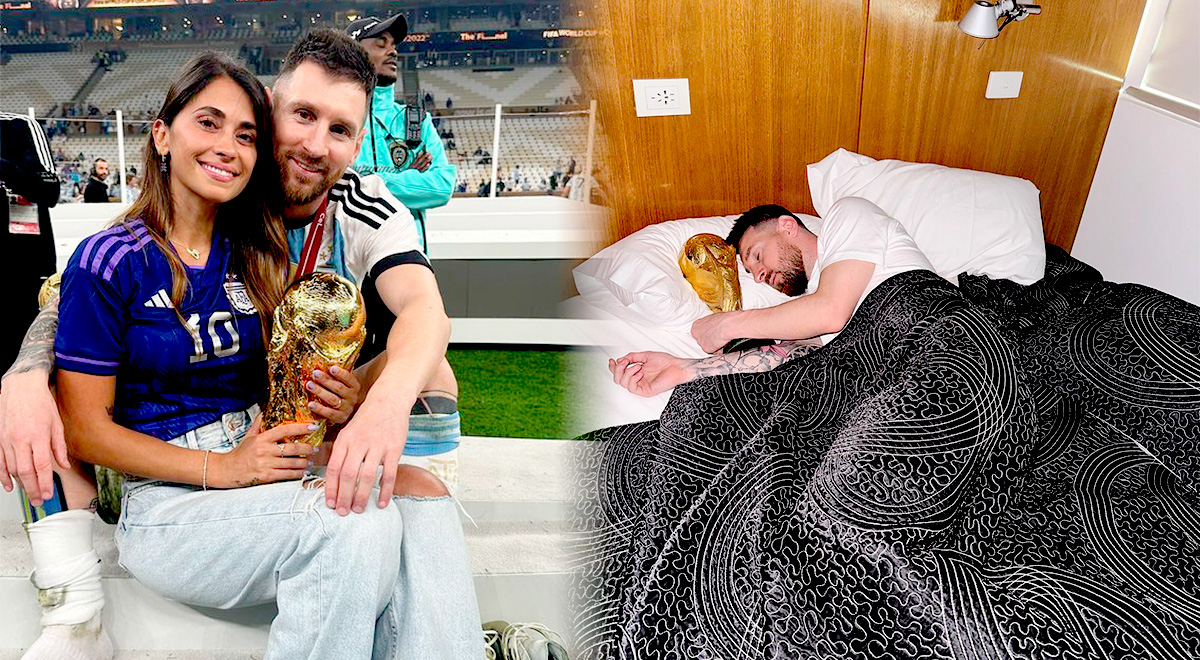 Messi sleeps embracing the World Cup trophy and his wife Antonela leaves him a curious message.