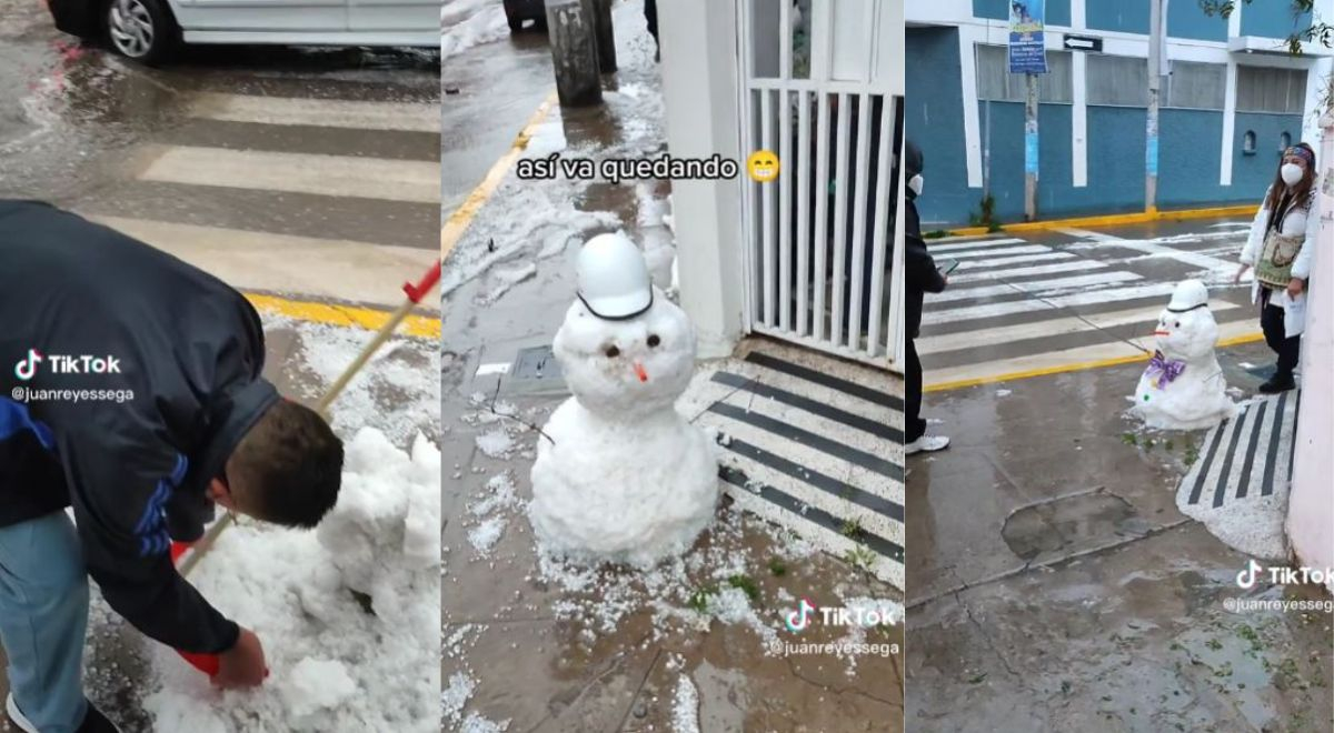 Jóvenes arman 'muñeco de nieve' al mismo estilo de New York con granizo de Huancayo 