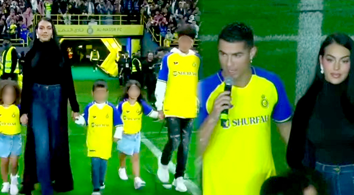 Georgina Rodríguez ingresa con sus hijos al campo de la presentación de Cristiano Ronaldo