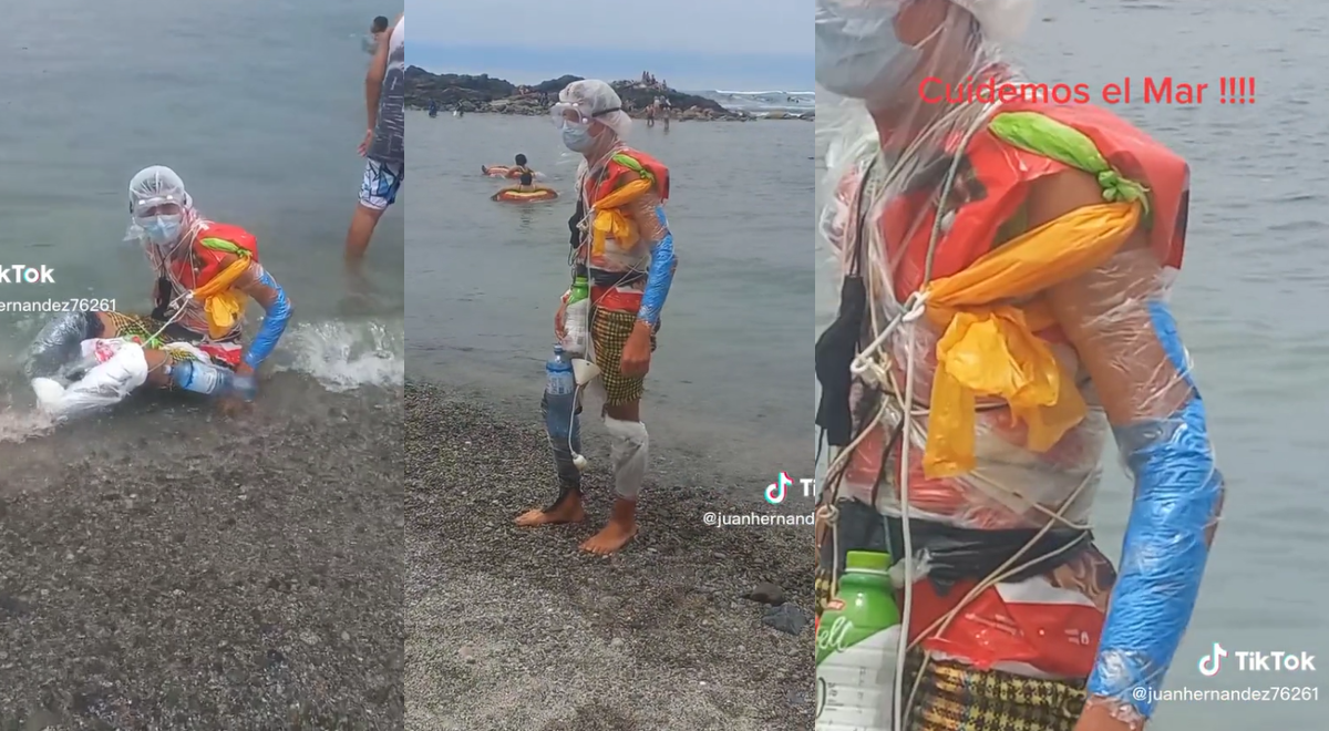 Joven arma outfit playero con residuos que halló en el mar: 
