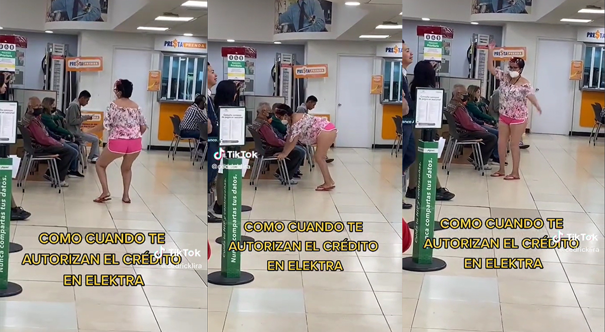 Mujer baila y hace aeróbicos mientras espera que la atiendan en el banco