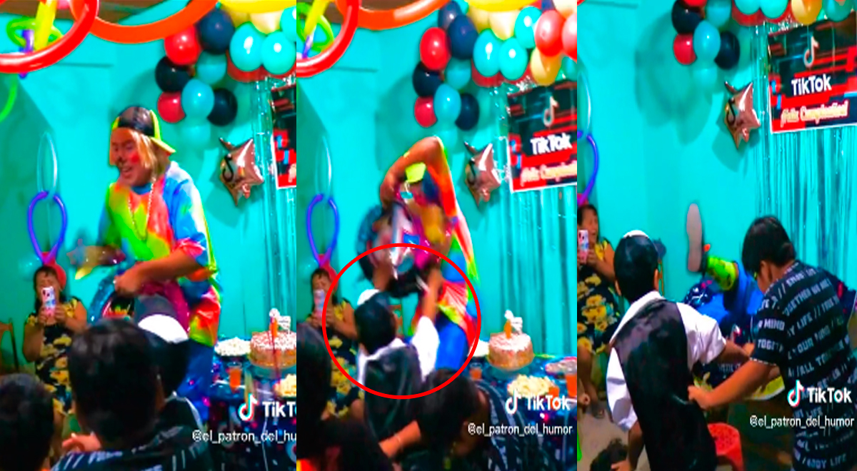 Payasito peruano rompe la piñata en fiesta infantil y niño lo empuja para agarrar más juguetes