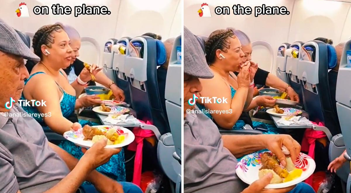 A woman carries a 'pot of food' and serves fried chicken to her family in mid-flight.
