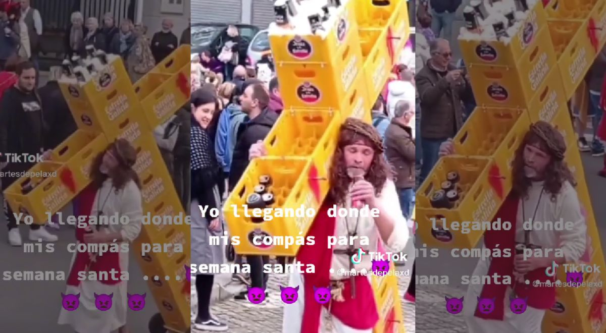 Imitador de Jesucristo carga cruz elaborado con cajas de cervezas y se vuelve viral en TikTok