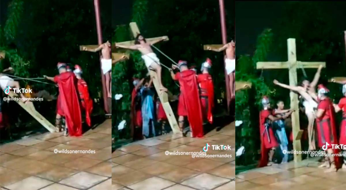 Escena de teatro de Jesús crucificado sufre percance: 