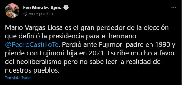 Evo Morales comenta sobre Mario Vargas Llosa