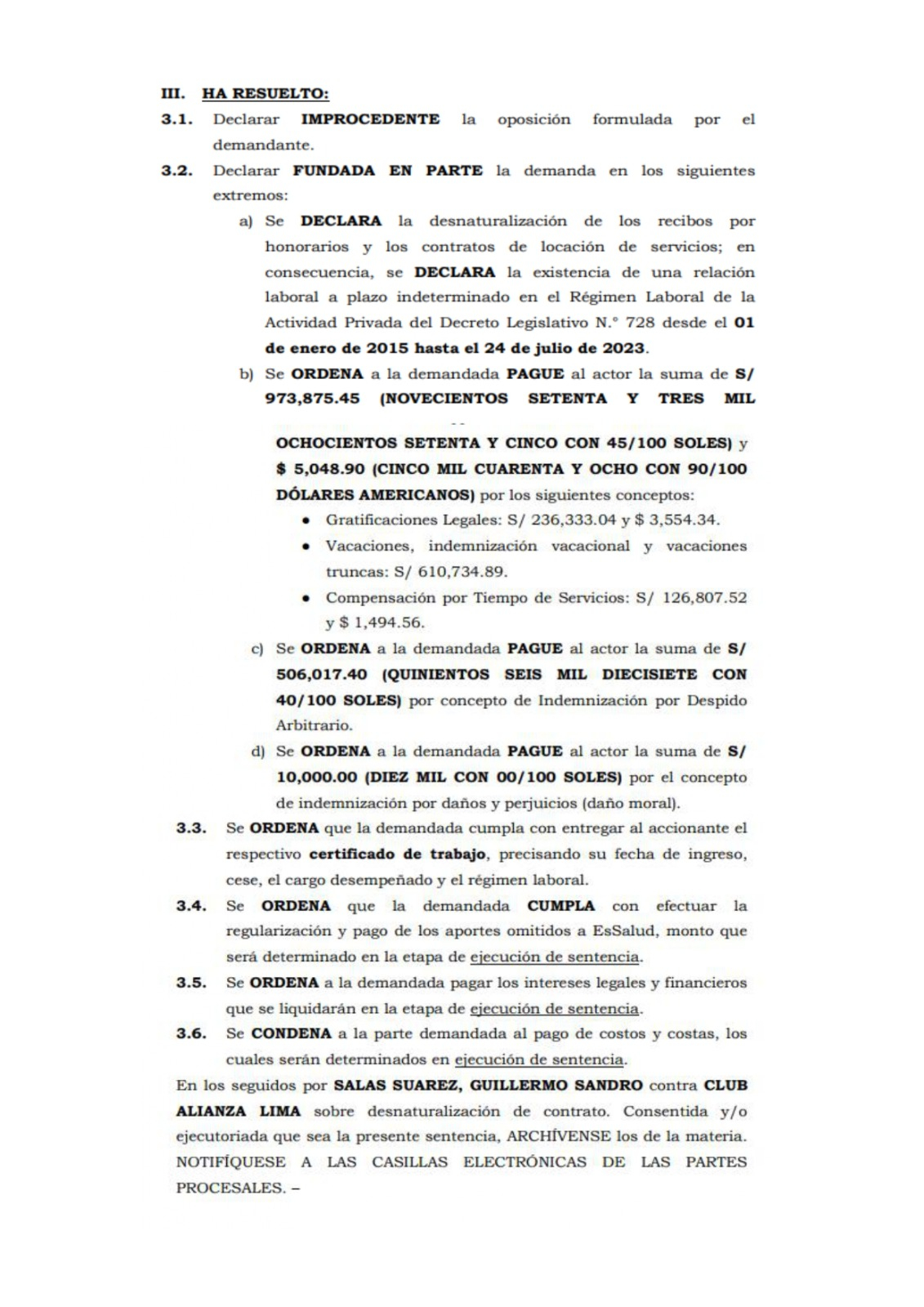 Resolución del Poder Judicial en contra de Alianza Lima.